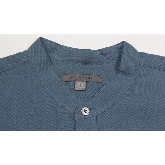 John Varvatos Aqua Twill Collarless Banded Collar Linen Button-Up Shirt~ S - Picture 5 of 7